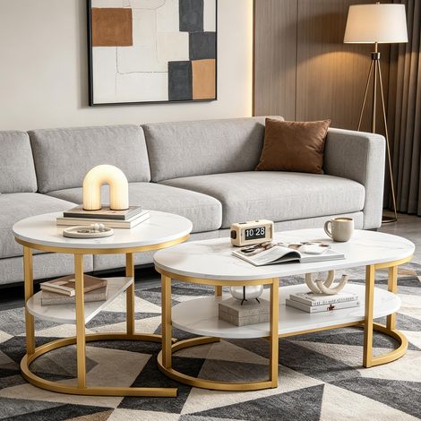 Tavolino da caffè moderno – Mobili per piccoli appartamenti – Tavolino da caffè in stile nordico – Piano in marmo bianco – Tavolino da caffè informale (1/5)
