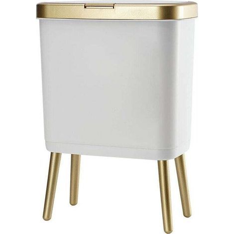 Poubelle de salle de bain avec couvercle, poubelle en plastique avec couvercle, poubelle dorée de 15 litres avec bouton-poussoir, poubelle blanche mince pour chambre et salle de bain (1/5)