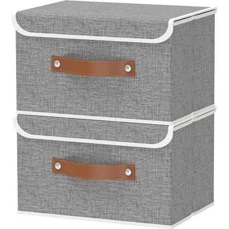 Lot de 2 Boîtes de Rangement Pliables, 33x23x20cm, Gris Paniers avec Couvercle et Poignées, Boite en Non tissé et PP plaque, Caisses de rangement Pour Vêtements (1/5)
