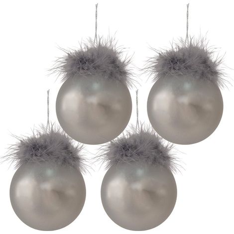 Lot de 4 Boules de Noël en Verre Argenté et Blanc avec Plumes Décoration Sapin 8 cm - PANGIVO (1/3)