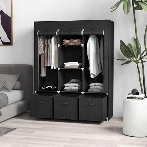 MEUBLIV Stoffschrank schwarz 125 x 43 x 162,5 cm mit 3 Schubladen und 2 Kleiderstangen (1/5)
