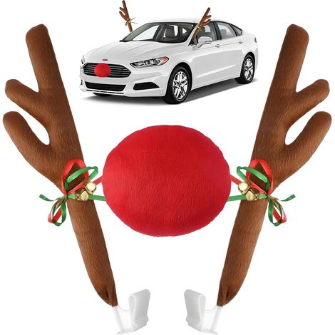 Bois de Renne pour Voitures, Noël Renne Voiture Décoration, Renne Nez Rouge Voiture Costume, S'applique à Transformez Votre Véhicule Mignon Renne pour Ajouter Ambiance Festive Noël (1/5)