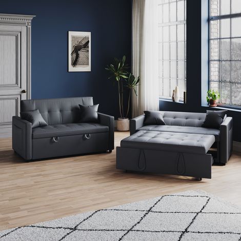 ELEGANT 3-in-1 Sofa Bed with Plastic Legs, Storage, Hidden Pull-Out Bed, Adjustable Backrest and 2 Cushions, Dark Gray