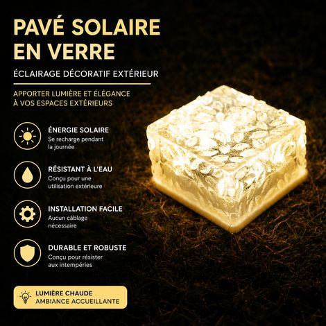 Grand pavé solaire LED effet brique de verre blanc chaud étanche IP44 10 5.5 blanc chaud 10 × 10 × 5,5 cm 360 g – Livraison gratuite