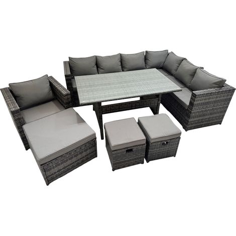 Fimous Rattan Garden Furniture Set Outdoor 10 Seater Patio Dining Corner Sofa Sets with Dining Table Chair Big Stool Dark Grey Mixed (1/5)