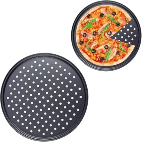 Plaque à pizza, 24,5 cm, perforée, antiadhésive, en acier au carbone, ronde, pour la cuisson et la préparation de pizzas. (1/5)