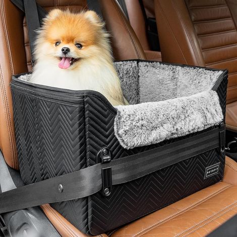 Panier Chien Voiture, Siège Auto pour Chiens jusqu'à 8kg, Pliable Transport Arrière avec Ceinture de Sécurité, Noir-Cuir (1/5)
