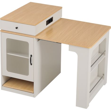 Îlot de cuisine à roulettes, table à manger extensible avec plateau amovible, table haute avec multiprises, sert d’îlot de cuisine, de buffet ou de table haute pour cuisine et salle à manger (Blanc) (1/5)