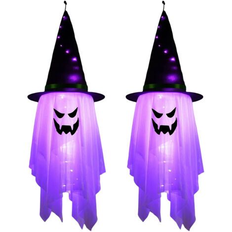 Fantome Halloween Decoration Exterieur Interieur, 2PCS Effrayante Suspendus Fantômes LED Décoration d'halloween avec Chapeaux de Sorcière Lumineuse, Halloween Fantôme Chapeaux pour Fête, Jardin, Arbre (1/5)