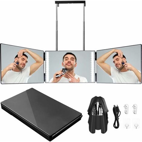 Miroir à 360 Degrés avec Lumière, Miroir à 3 Voies, Miroir avec Gradation à Trois Couleurs, Miroir de Rasage à LED, Miroir Cosmétique, Crochet Télescopique Réglable en Hauteur… (1/5)