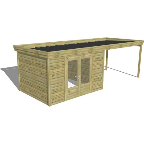 ABRI DE JARDIN bois Pin autoclave 27mm - 6,94x2,64m / 18,3m2 - Bac acier - Abri Français