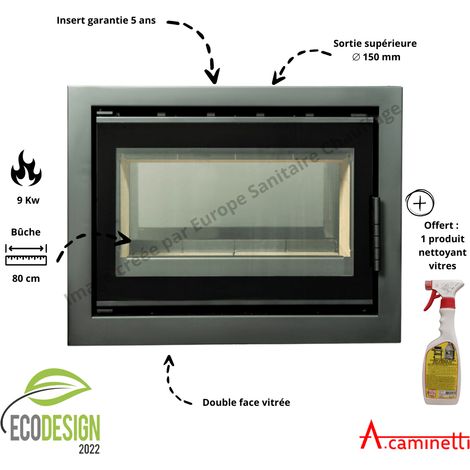 A Caminetti – Insert cheminée double face 90 cm – Puissance 5-9 kW – Rendement 75% – Diamètre évacuation 150 mm – Cadre finition noir (1/4)