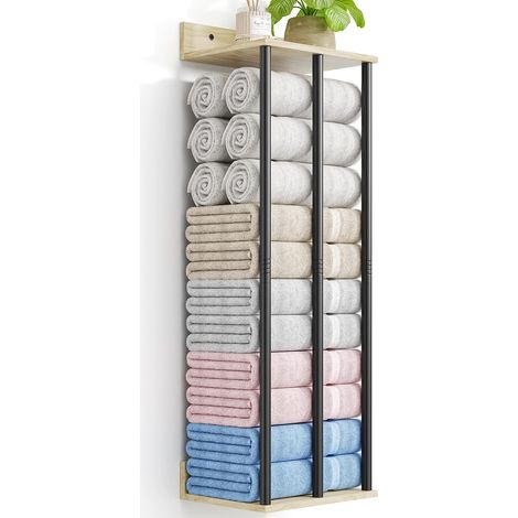 Wall Mounted Towel Rack with Wooden Shelf - Solid and Moisture-Proof Bathroom Storage - Easy Installation - Wall Shelf for Towels, Shower Gel and Deco (Black/Natural Wood) (1/5)
