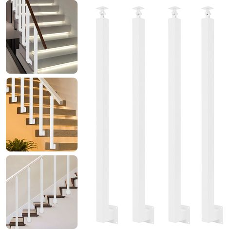 Lot de 4 poteaux d'escalier blancs de 95 cm, à fixation latérale, adaptés à un usage intérieur et extérieur  les poteaux métalliques sont réglables à 43°, pour terrasses, balcons et porches (1/5)