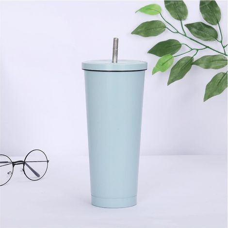 Mug 750ml 304 Stainless Steel Straw Cup Large Capacity Vacuum Solid Color Coffee Cup Tumbler Enamel Cup (Color: Sky Blue, Size: 750ml) (1/5)