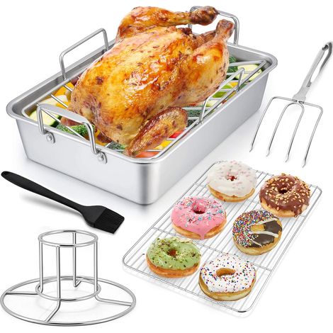 Plaques et Grilles de Cuisson, Plateau Inox avec Grilles Plates et en V Fourchette à Rôtir Support à Poulet en Forme de Canette de Bière et Pinceau à Huile en Silicone (1/5)