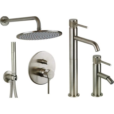 Set miscelatori lavabo alto, bidet e kit doccia in finitura acciaio spazzolato con maniglia lusso Gattoni Beta KITBETA5NS