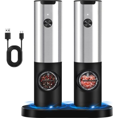 Moulin à poivre - Électrique Rechargeable USB-C - Réglage Mouture - Voyant LED - Argent - ABS Acier Inoxydable - 1 Pièce (1/5)