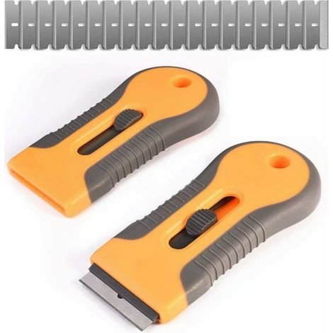 Grattoir à lames de rasoir, lot de 2 grattoirs rétractables en plastique avec 40 lames de grattoir en acier pour vitres de plaques de cuisson en verre (1/5)