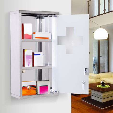 Armoire à pharmacie en acier inoxydable pour le rangement des médicaments, verrouillable, à 3 compartiments, porte vitrée, 25 x 12 x 48 cm, argent (1/4)
