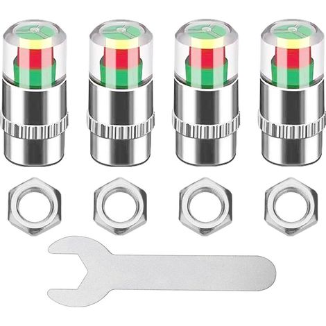 4 Pièces Argent Voiture Pneu Valve Bouchon, Capuchon Valve Schrader, Couvercle de Valve de Moniteur de Pression des Pneu, Cache Anti-Poussière pour Valve de Pneu avec Écrous et Clé (1/5)