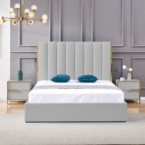MEUBLER DESIGN Lit Design Couleur Or Avec Coffre Veneto - Gris - 180x200, Polyuréthane, Style Art déco, 218 x 188 x 140 cm (1/5)