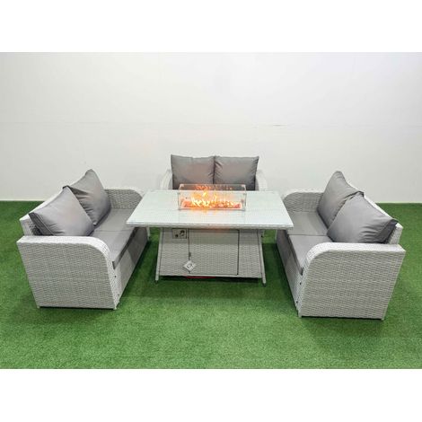 Fimous 6 Seater PE Wicker Rattan Furniture Sofa Sets with Firepit Dining Table 2 Seater Love Sofa Light Grey (1/4)