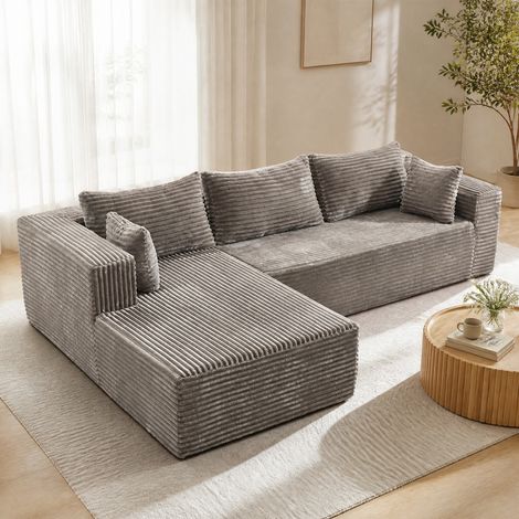 Canapé d’angle modulaire gris en velours côtelé avec méridienne réversible et assise profonde (1/5)
