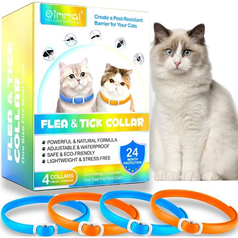 Collier Anti Puces pour Chat, Collier Anti-puces et Anti-tiques pour Chat, Protection Efficace de 24 Mois (Orange et Bleu, 4PCS) (1/5)