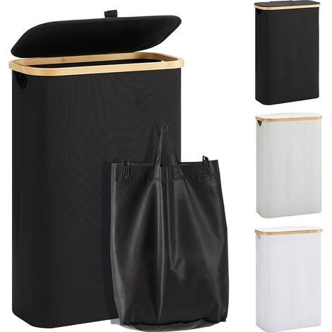 Panier à linge, avec couvercle, 48 l, étroit, pliable, haut, bois de bambou, noir (1/5)