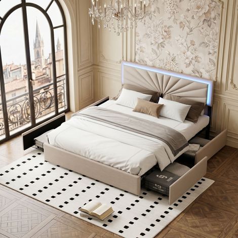 Lit 160x200 cm, Lit Double Lit Rembourré avec 4 Tiroirs, avec tête de lit LED, sommier à Lattes et Cadre en métal, lit avec Coffre de lit, Lin, Beige (1/5)