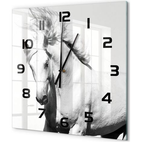 Grande Horloge Murale Carrée Décoration Murale Verre Trempé Design Artistique Cheval blanc 60x60 cm (1/5)