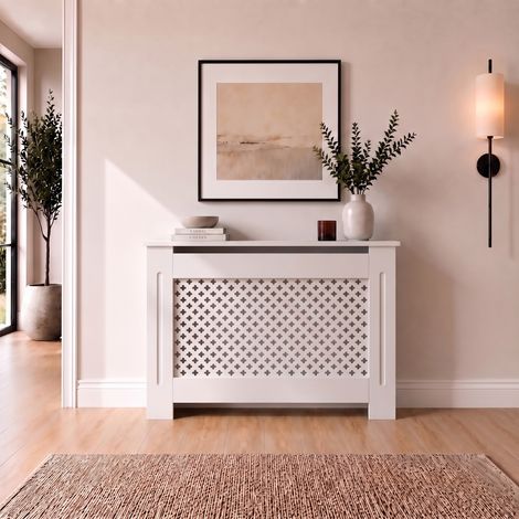 Modern MDF Radiator Cover Wall Cabinet Small Wood White Diamond Style (1/5)