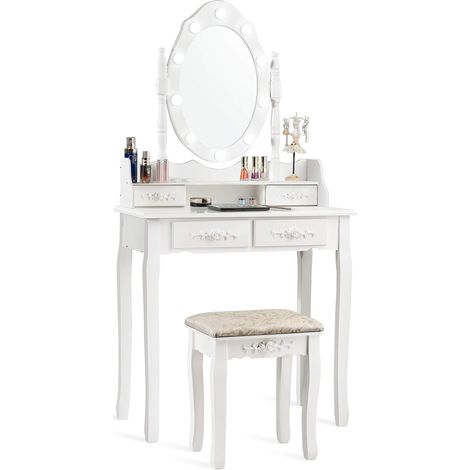 Goplus – Coiffeuse enfant avec miroir rotatif et 10 lampes LED – 4 tiroirs de rangement – MDF et pin – 75 x 40 x 146 cm – Blanc (1/5)