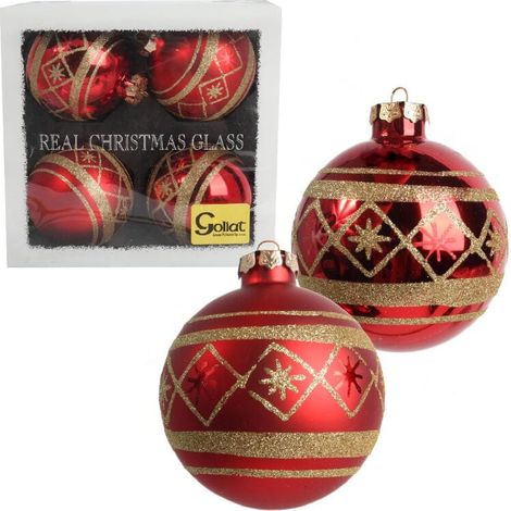 Ensemble élégant de 4 boules de Noël rouges décorées en verre, de 10 cm de diamètre. (1/4)