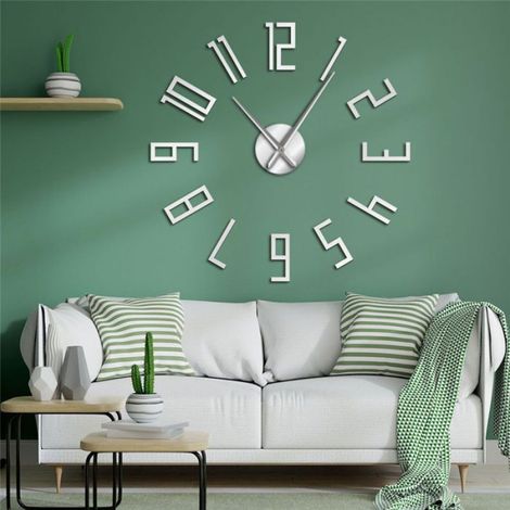 Argent - 47'' Grands Nombres En Miroir Horloge Murale Moderne DIY Big Montre Art 3D Miroir Effet Horloge Murale Amovible Home (1/2)
