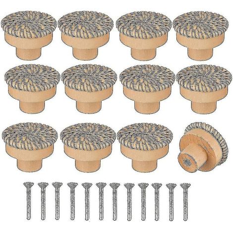 Boutons de commode ronds en rotin style bohème, en bois tressé à la main, avec vis. (1/5)