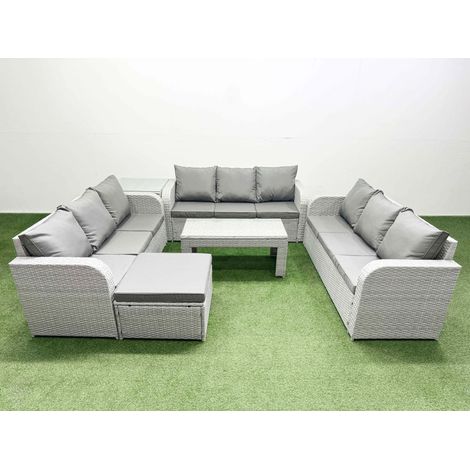 Fimous PE Rattan Lounge Sofa Set 10 Seater Outdoor Garden Furniture Set with Oblong Coffee Table 3 Seater Sofa Big Footstool Side Table Light Grey (1/4)