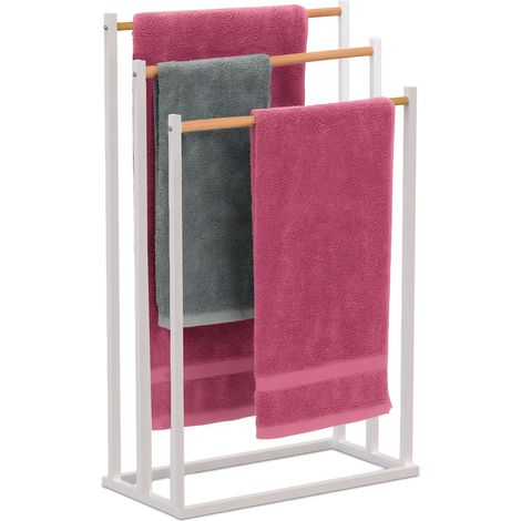 Toallero Relaxdays, HxBxT: 76 x 45 x 21,5 cm, metal, bambú, 3 varillas, toallero de pie, baño, blanco/natural