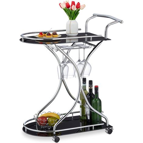 Chariot de Service, 2 étages, Porte-Verres et Bouteilles, Verre, métal chromé, 88x76x49 cm, Noir-argenté (1/5)