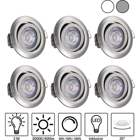 Monzana Einbaustrahler 6er Set LED Flach 68mm Dimmbar Schwenkbar Warmweiß 3000K Rund 230V Spots Deckenspots Einbauleuchten Deckenstrahler Lampe Nickel (1/5)