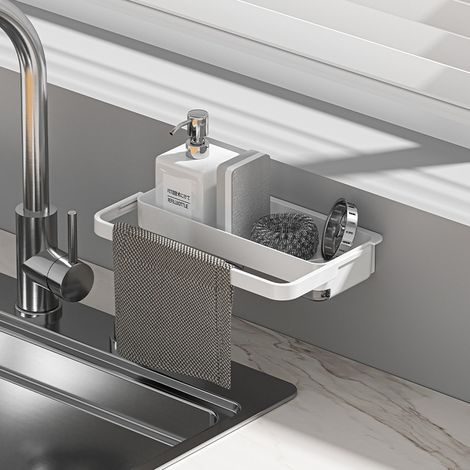 Escurridor de esponja para fregadero de cocina, organizador de jabón autoadhesivo ABS, escurridor multifuncional con 2 ganchos y toallero, transparente