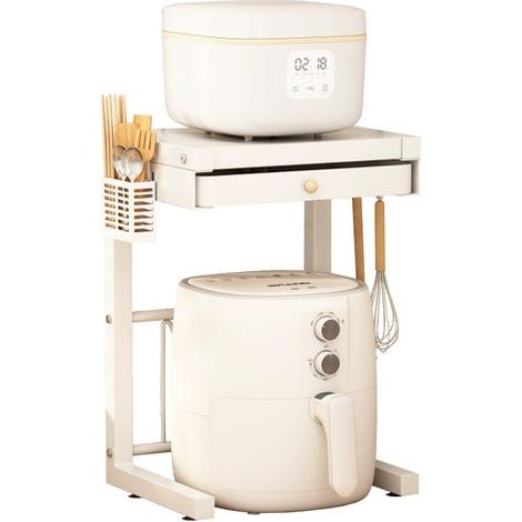 Estantería de cocina de dos niveles con cajón, soporte para cubiertos y ganchos, fabricada en acero resistente, 47 × 28 × 32 cm. (1/5)