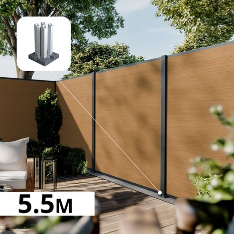 Kit Clôture Composite sur Muret CRUZ Cèdre 5,55x1,8m - Bois composite & Aluminium - Poteaux sur Platines Gris Anthracite - Brise vue