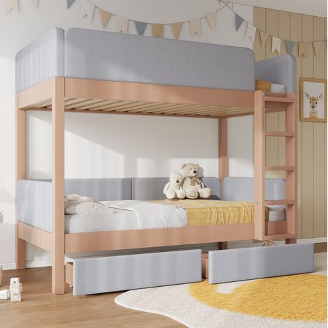 Letto a castello bambini 90x200 cm con 2 cassetti e reti a doghe, grigio e naturale, materasso non incluso (1/5)