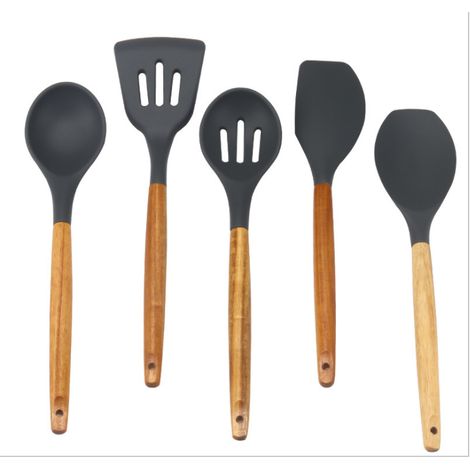 Ustensiles De Cuisine En Silicone Antiadhésif - Manche En Bois D'acacia Naturel - 5 Pièces - Résistant Jusqu'à 240 °C (1/4)