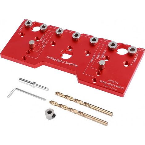 Gabarit de perçage pour goupilles d'étagère avec 7 guides de perçage trempés. Gabarit de perçage en aluminium pour le travail du bois (rouge). (1/5)