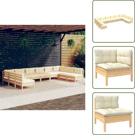 10-tlg. Garten-Lounge-Set mit Creme Kissen Massivholz Kiefer - Gartenzubehör - Lounge Set - Gartenmöbel - Outdoor Möbel - Rattan Gartenmöbel (1/5)