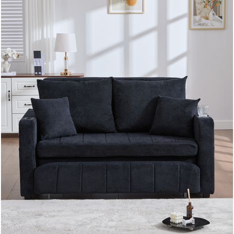 Sofa aus schwarzer Chenille 139 x 83 x 58 cm, ausziehbares Schlafsofa mit Seitentaschen (1/5)