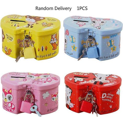 Petite tirelire en forme de double cœur, en métal, avec serrure et clé, idéale pour décorer une chambre d'enfant. (1/5)